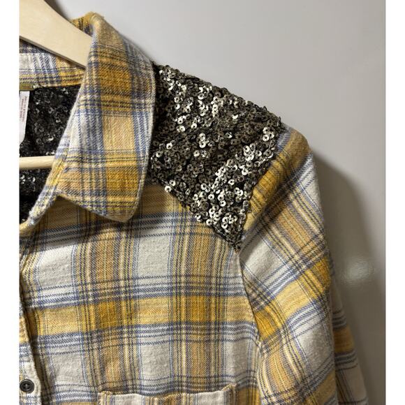 Free People Little Bit Of Sugar Sequin Button Up Flannel Shirt Yellow Plaid Sz L - Picture 7 of 10